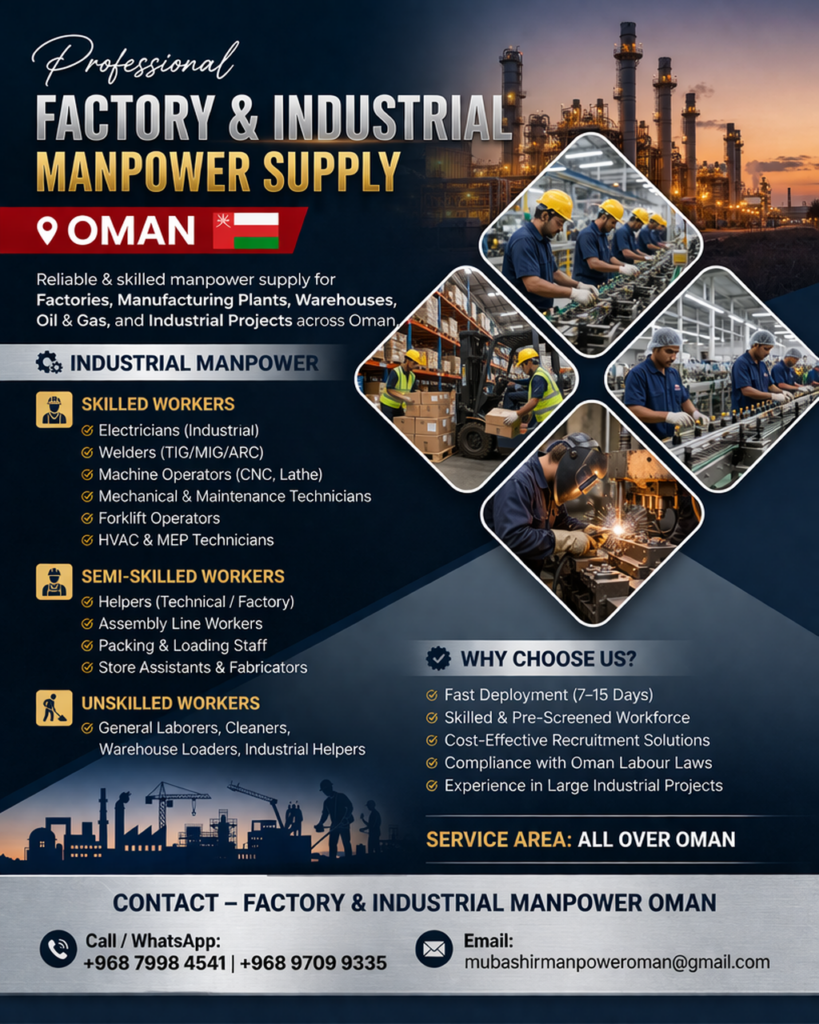 Factory Industrial Manpower Supply in Oman muscat - Mubashir Manpower supply Factory & Industrial Manpower Supply in Oman