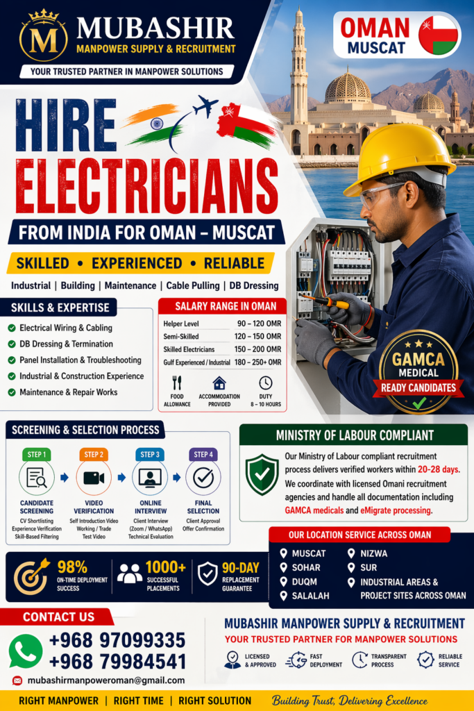 Recruitment opportunities for electricians in Oman Oman – Muscat - duqm - sohar - salalah - Mubashir Manpower supply Recruitment opportunities for electricians in Oman Oman – Muscat - duqm - sohar - salalah
